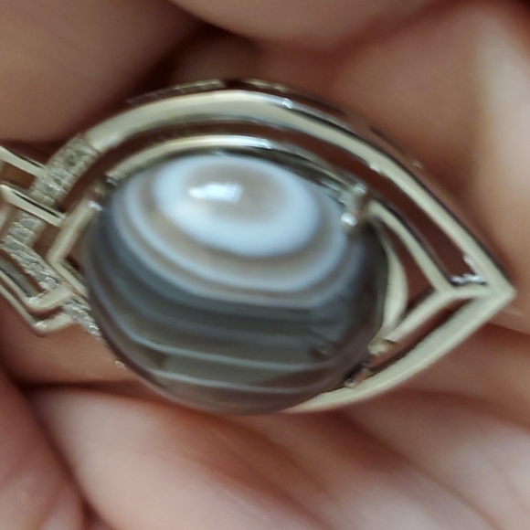 New Botswana Agate Round Rhinestone Inlaid 925 Silver Pendant. - Picture 2 of 12